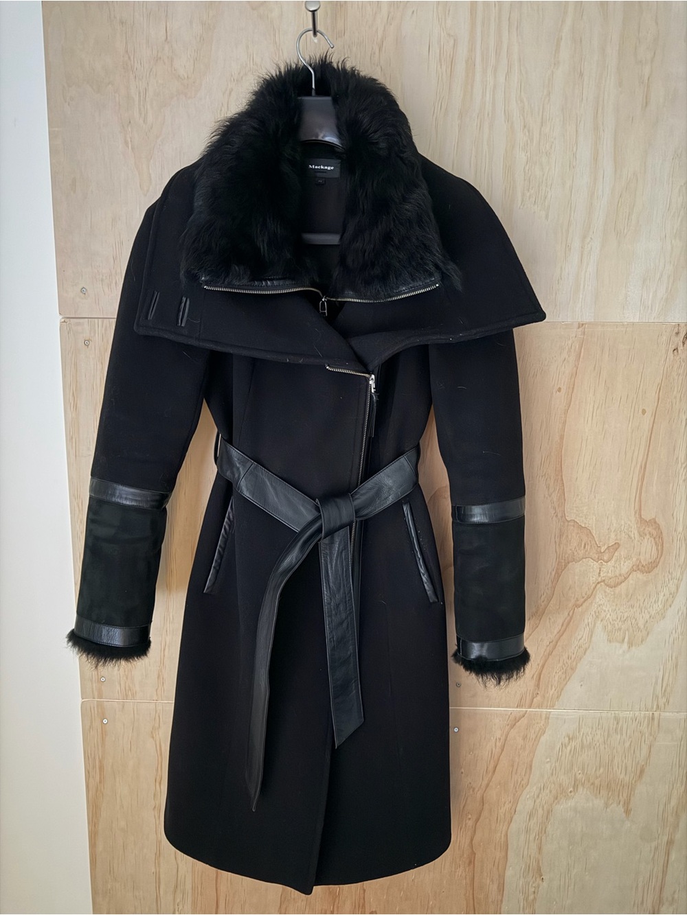 Mackage Black Trench Coat with Fur Collar and Leather Belt